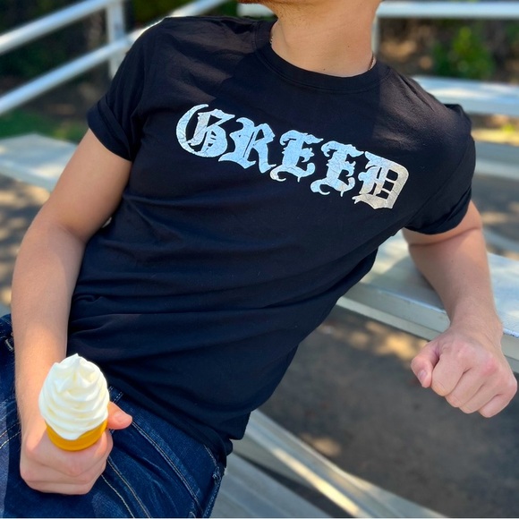 NEW JUICY COUTURE MEN SEVEN 7 SINS GREED SILVER FOIL T SHIRT DEADLY HEAVEN GOD L - Picture 1 of 16